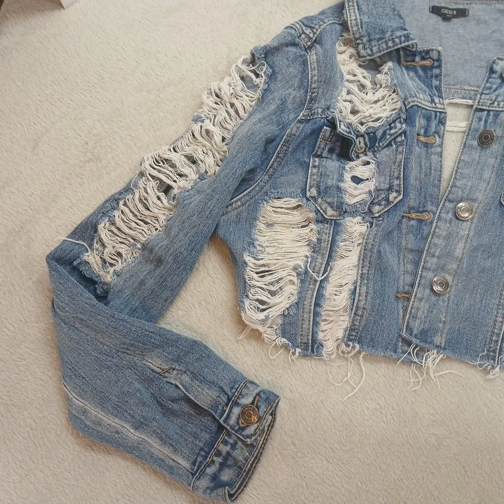 ChiQle Extreme Ripped Cropped  Denim Jacket Women's Size Large Preppy Concert.